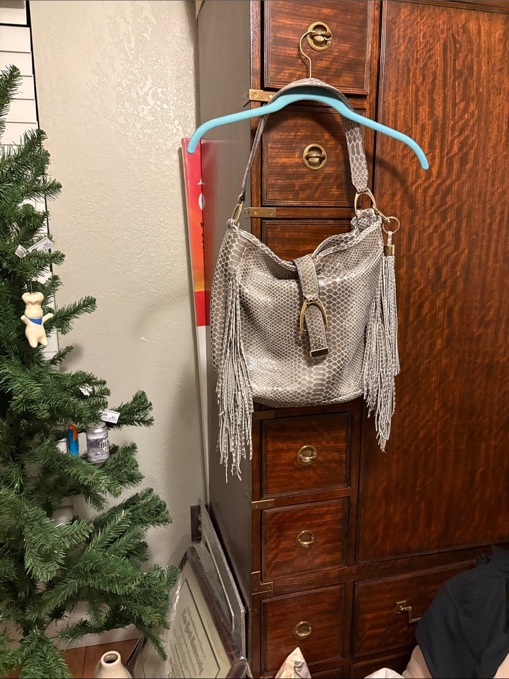 G.I.L.I. Light Gray Python-Embossed Fringe Hobo Bag
